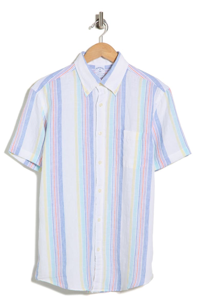 Brooks Brothers Regular Fit Stripe Linen Button-Up Shirt, Main, color, White/ Blue Stipe