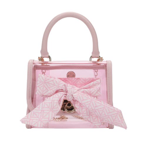 Clear Mini Crossbody Bag - Pink Trim with Gold Chain Strap, Removable Satin Bow Scarf, Top Handle, 7x3.5x5 Inch