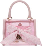 PACKED PARTY Clear Mini Crossbody Bag - Pink Trim with Gold Chain Strap, Removable Satin Bow Scarf, Top Handle, 7x3.5x5 Inch