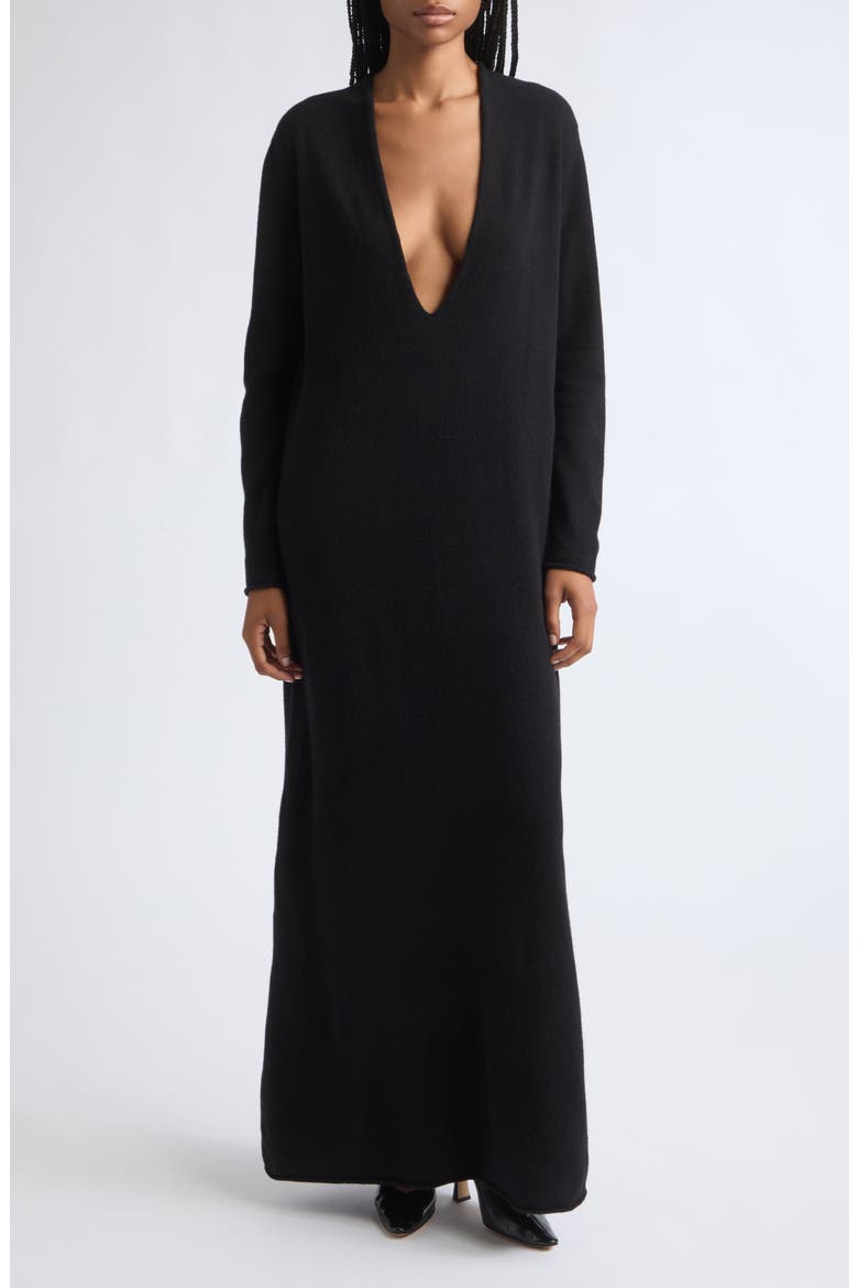 Deep V-Neck Extrafine Merino Wool Dress, Main, color, BLACK