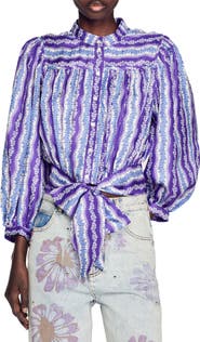 SANDRO Peninsula Floral Long Sleeve Silk Button-Up Shirt