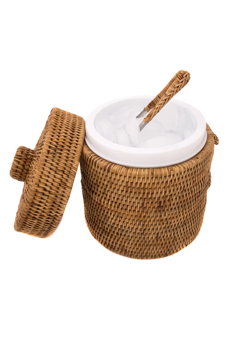 Artifacts Rattan Ice Bucket with Tongs, Alternate, color, Honey Brown