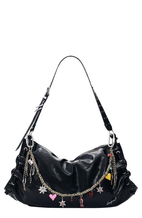 Charm Strap Faux Leather Shoulder Bag