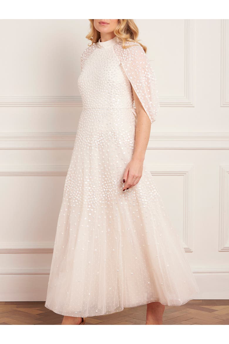 Scallop Sequin Cape Ankle Gown, Alternate, color, Cream
