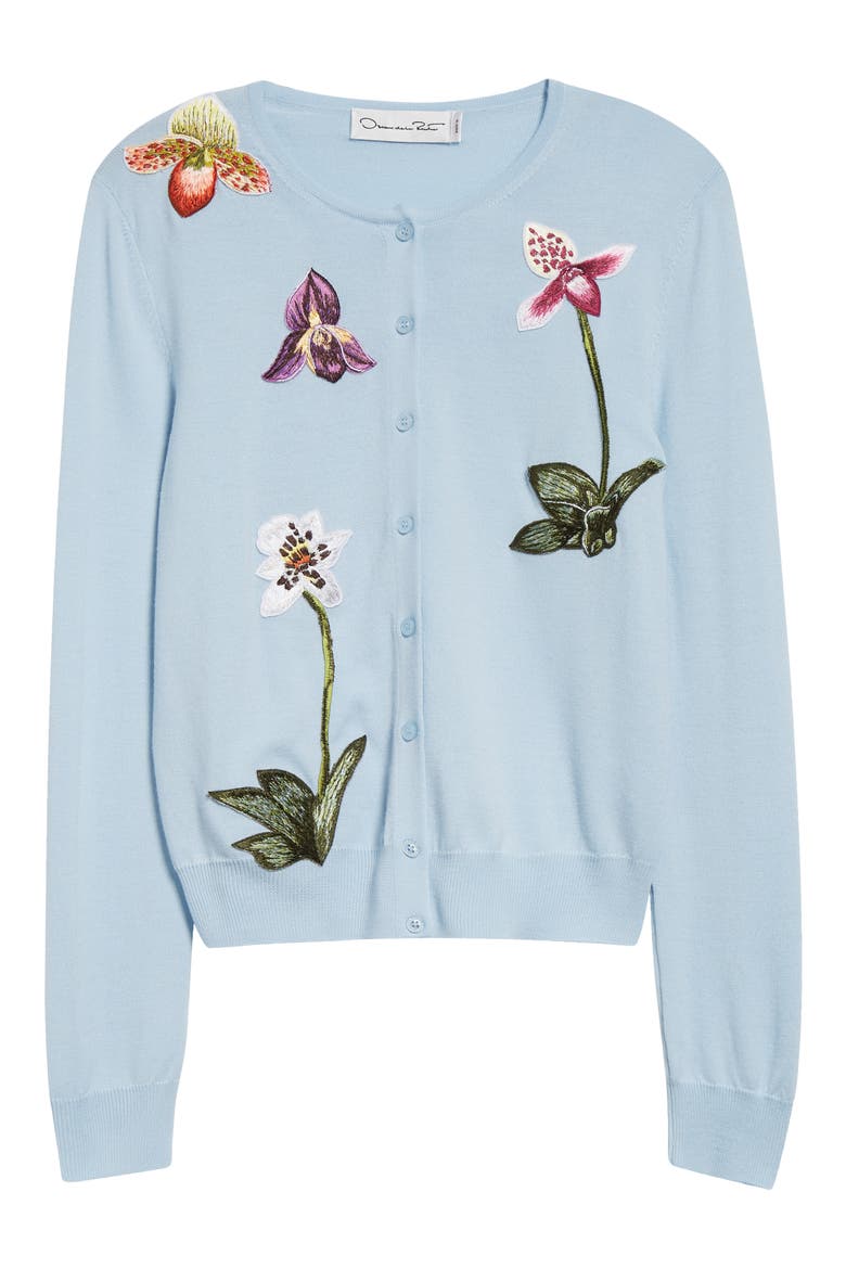 Orchid Embroidered Virgin Wool Cardigan, Alternate, color, LIGHT BLUE
