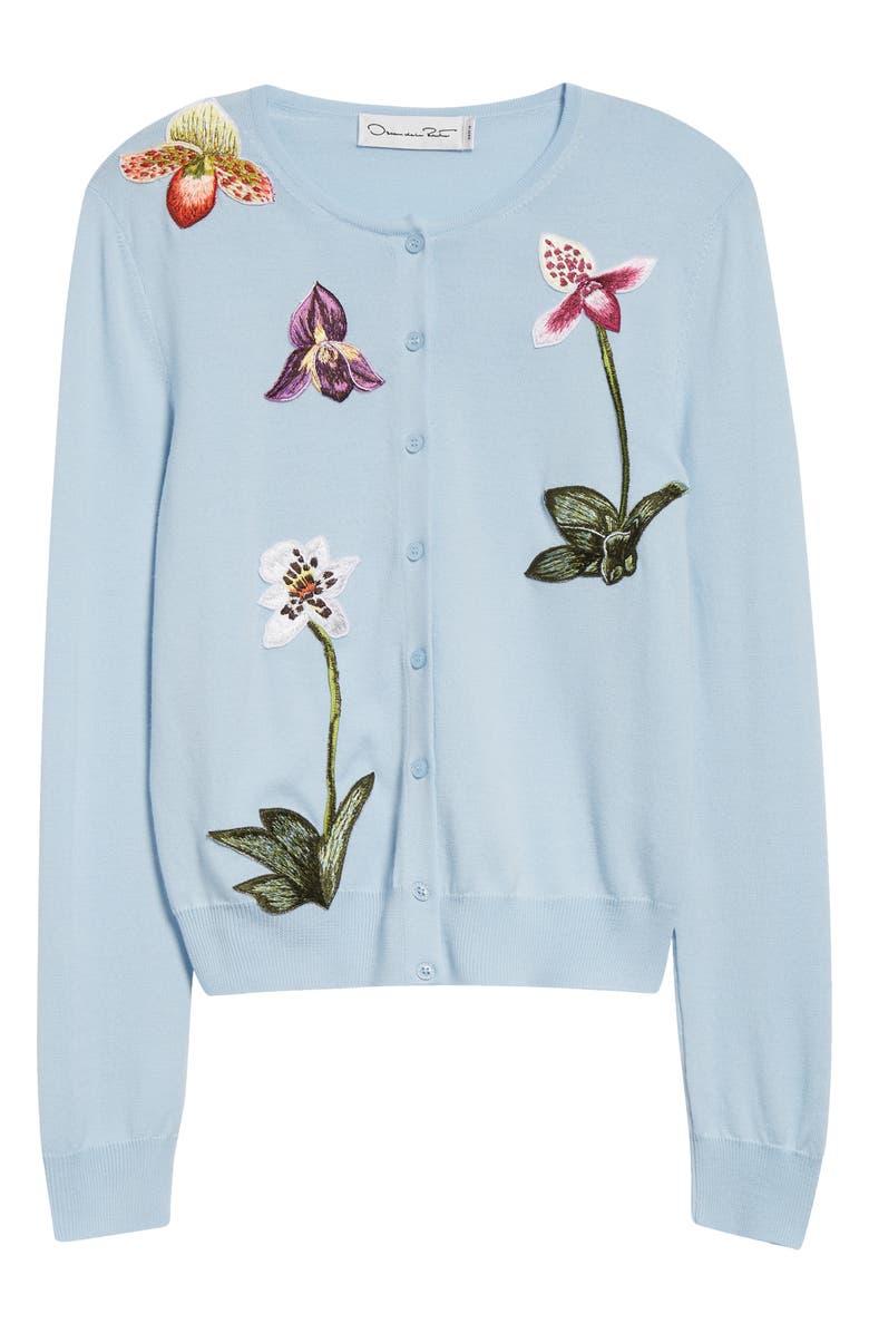 Oscar de la Renta Orchid Embroidered Virgin Wool Cardigan, Alternate, color, Light Blue