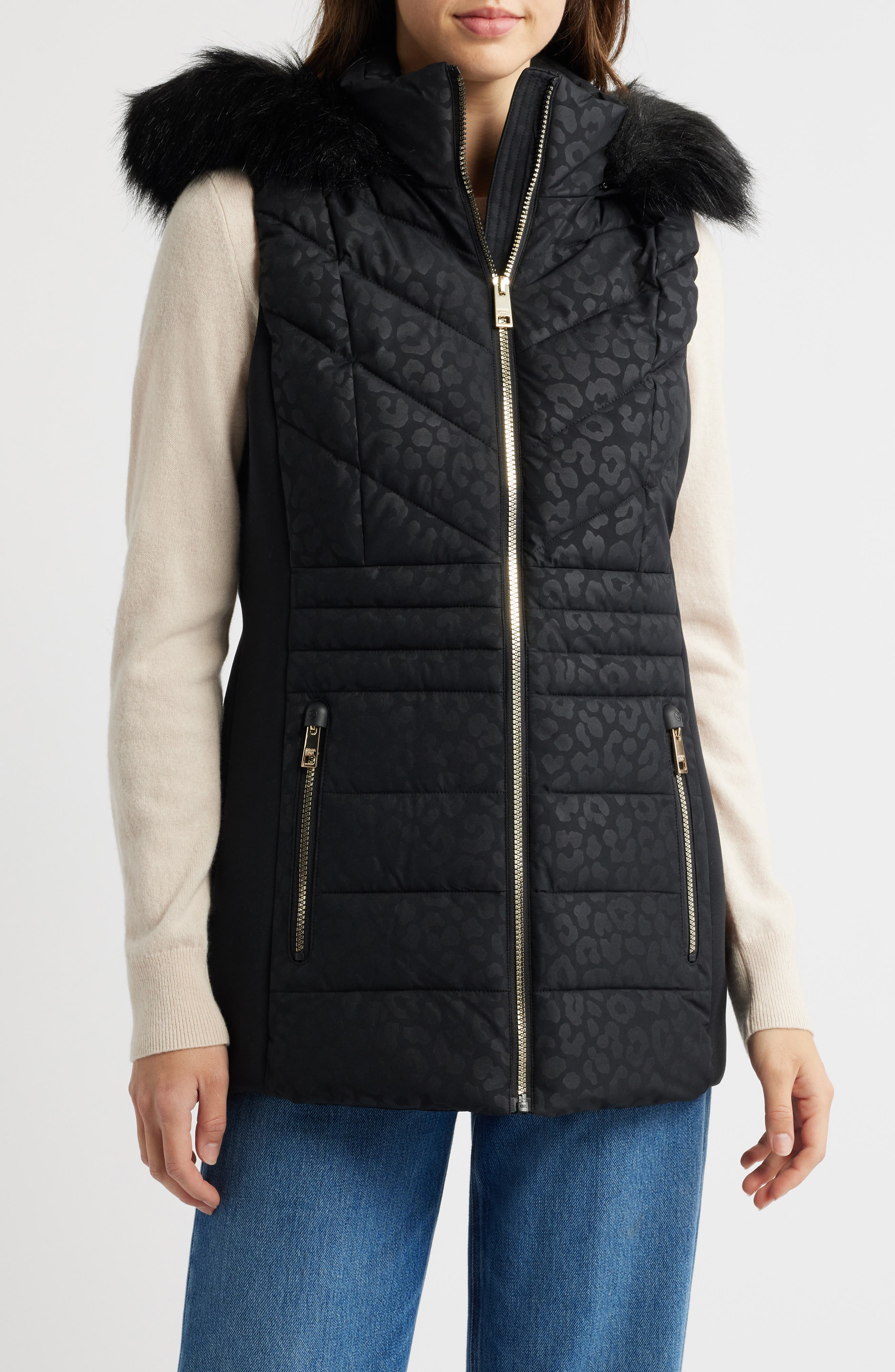 MICHAEL Michael Kors Faux Fur Trim Quilted Vest in Black 