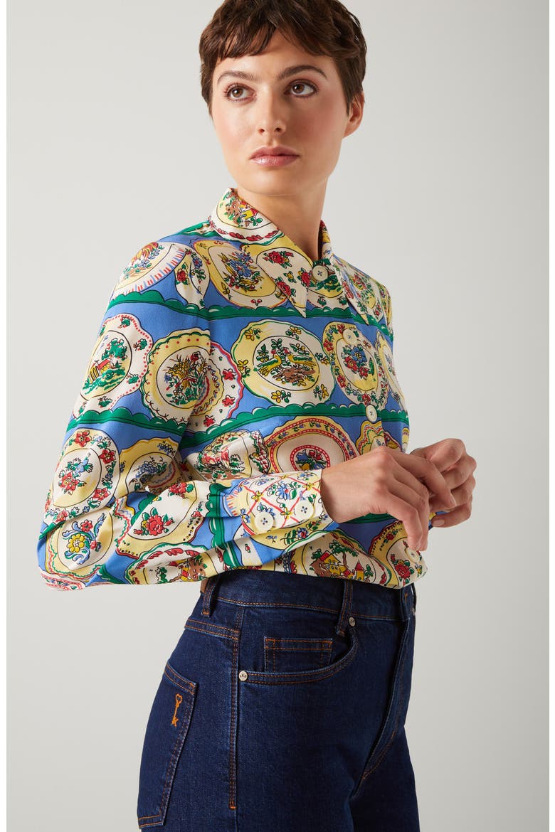 Erica Plate Print Silk Button-Up Shirt, Alternate, color, BLUE