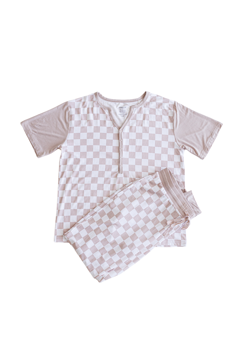Checkered Women's Pajama Set, Main, color, Beige & White