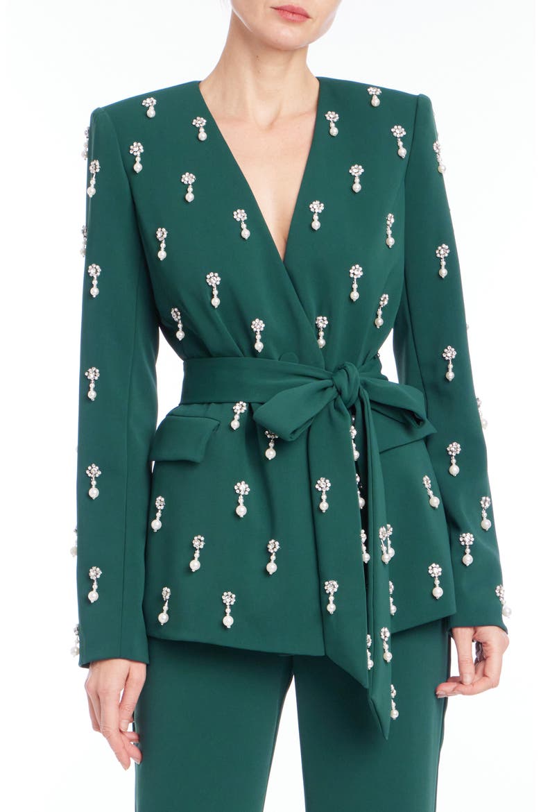 Pearl Drop Beaded Suit Jacket with Removable Belt, Main, color, PINE