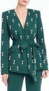 Badgley Mischka Collection Pearl Drop Beaded Suit Jacket with Removable Belt