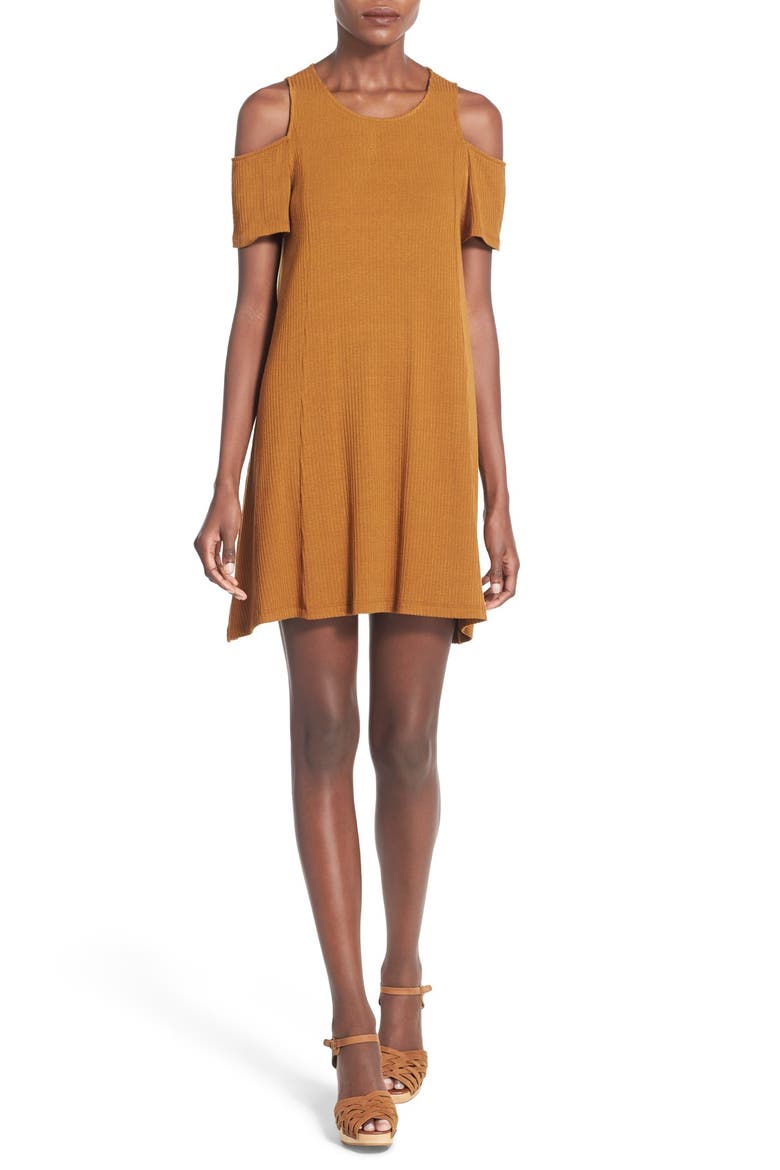 Cold Shoulder Rib Knit Shift Dress, Main, color, CARAMEL