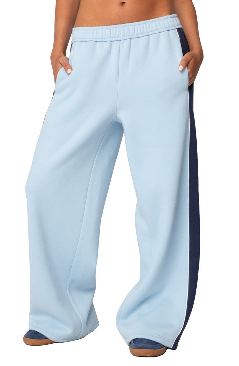 EDIKTED Contrast Stripe Wide Leg Sweatpants, Main, color, Light-Blue