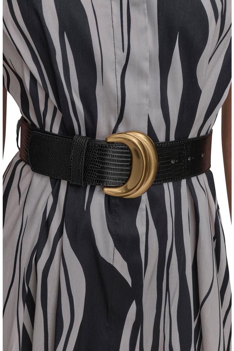 Zebra Print Notched Lapel Belted Midi Dress, Alternate, color, BLACK/ PRISTINE