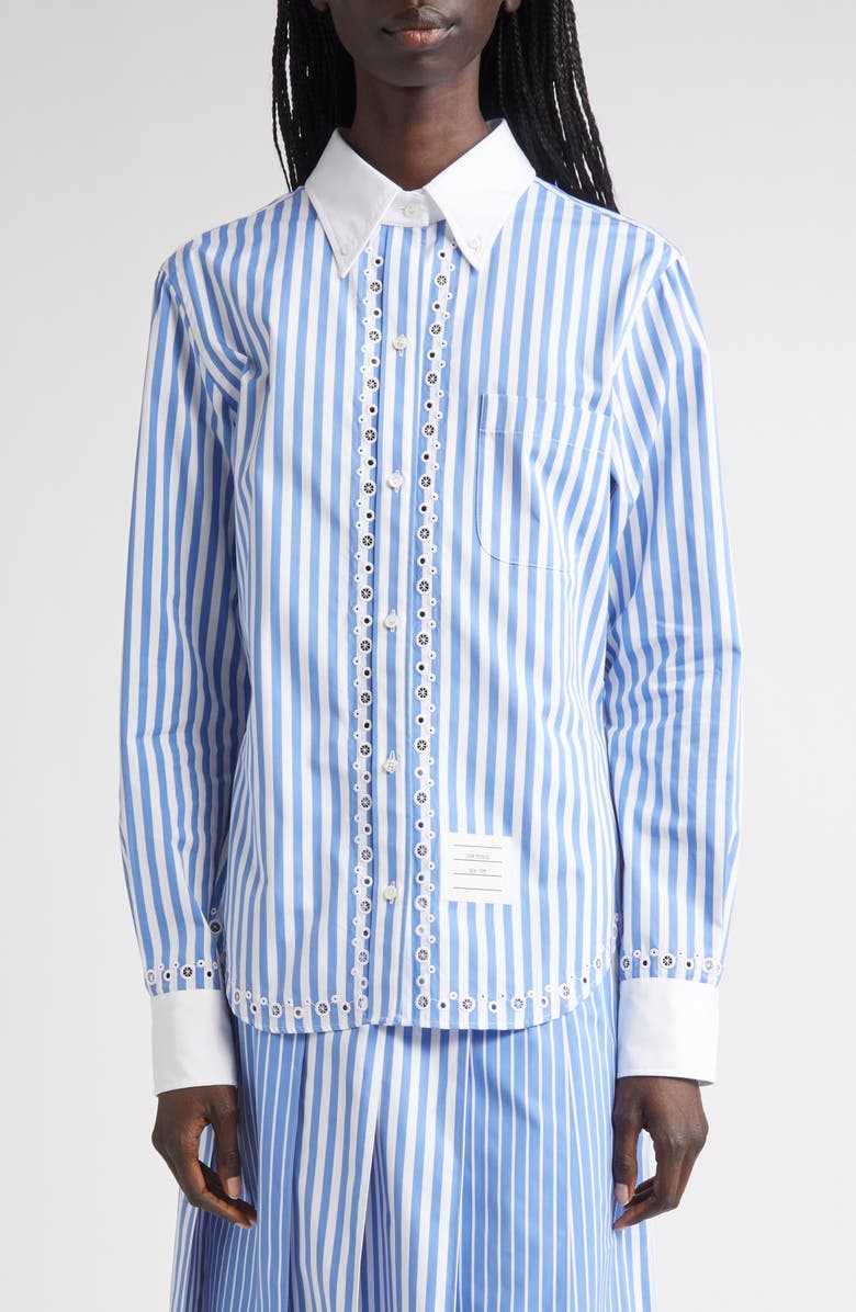 Thom Browne Classic Awning Stripe Cotton Poplin Button-Down Shirt, Main, color, White