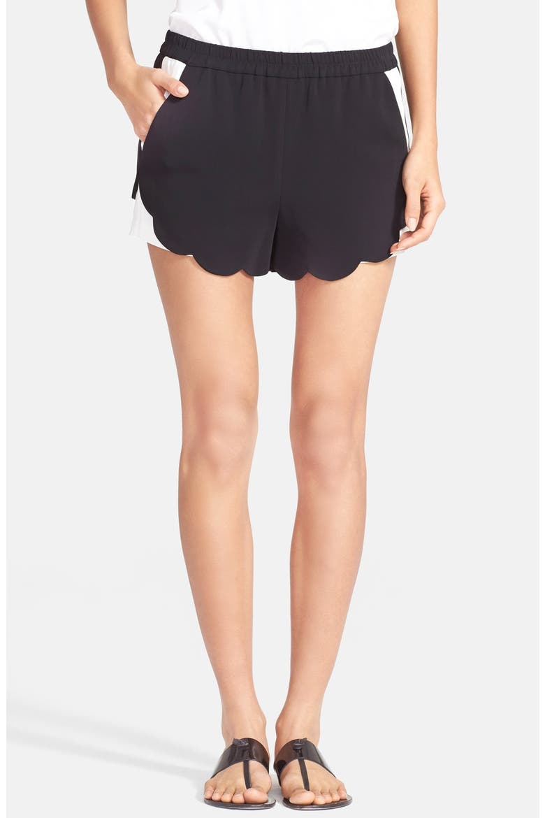 'AJ' Scallop Hem Crepe Shorts, Main, color, BLACK/ WHITE