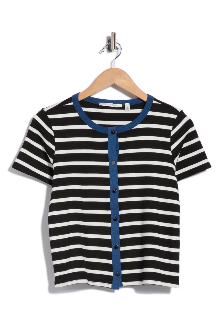 Contrast Trim Short Sleeve Stripe Cardigan, Alternate, color, BLACK/ BONE MEDIUM WASH