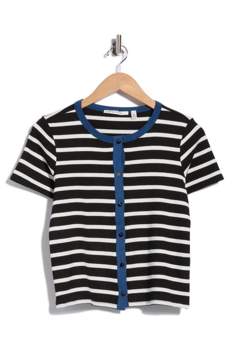 Contrast Trim Short Sleeve Stripe Cardigan