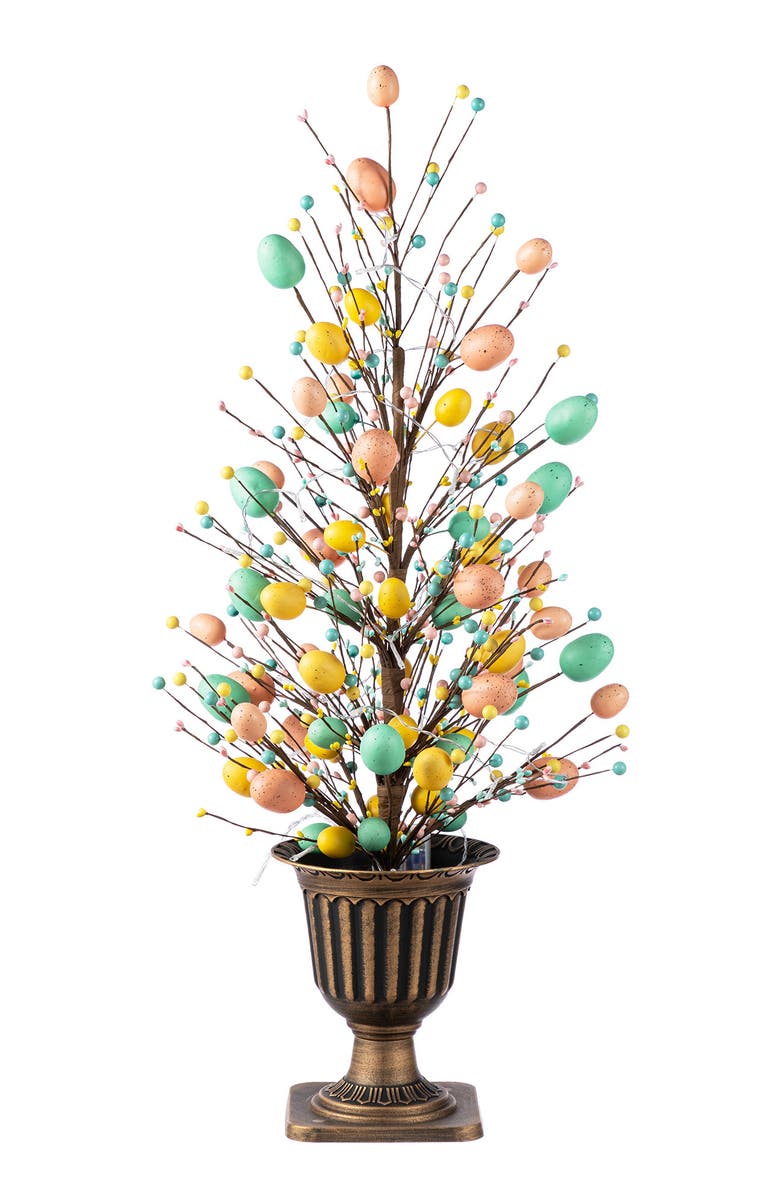 Glitzhome 3FT Easter Egg & Flower/ Berry Urn Porch Tree with 20 Warm White Lights & Timer, Alternate, color, Blue