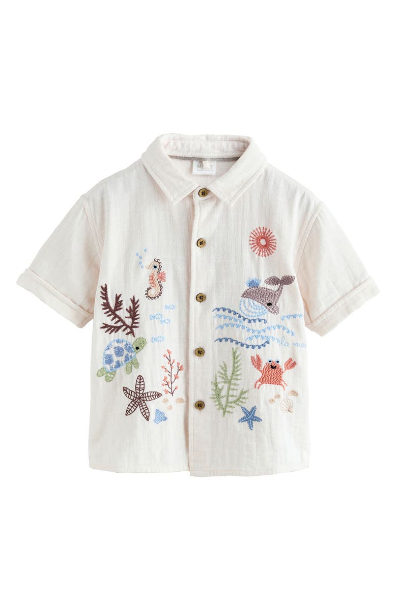 NEXT Kids' Embroidered Short Sleeve Cotton Button-Up Shirt, Main, color, Neutral