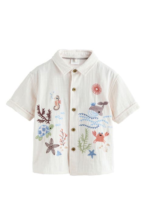 Kids' Embroidered Short Sleeve Cotton Button-Up Shirt (Toddler & Little Kid)
