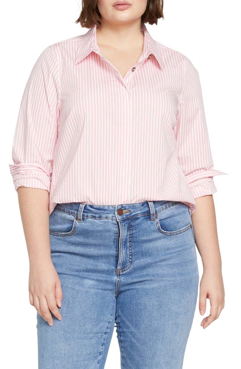 Universal Standard Elbe Classic Fit Button-Up Shirt, Main, color, Pink/ White Stripe