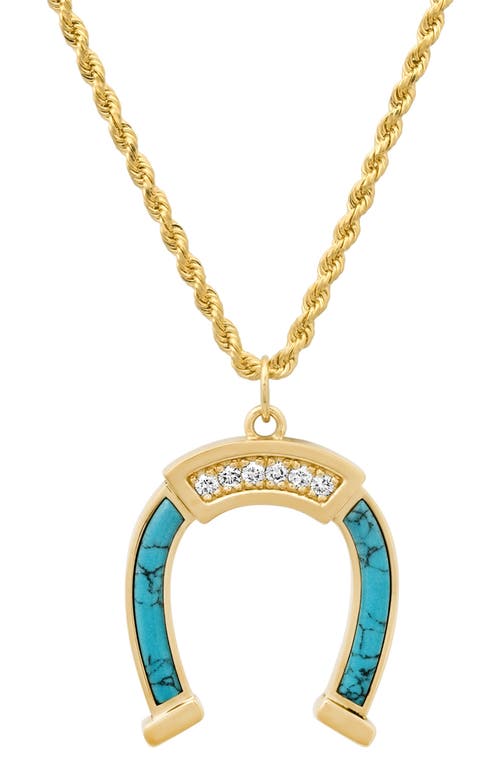 Established Diamond & Turquoise Horseshoe Pendant Necklace In Gold