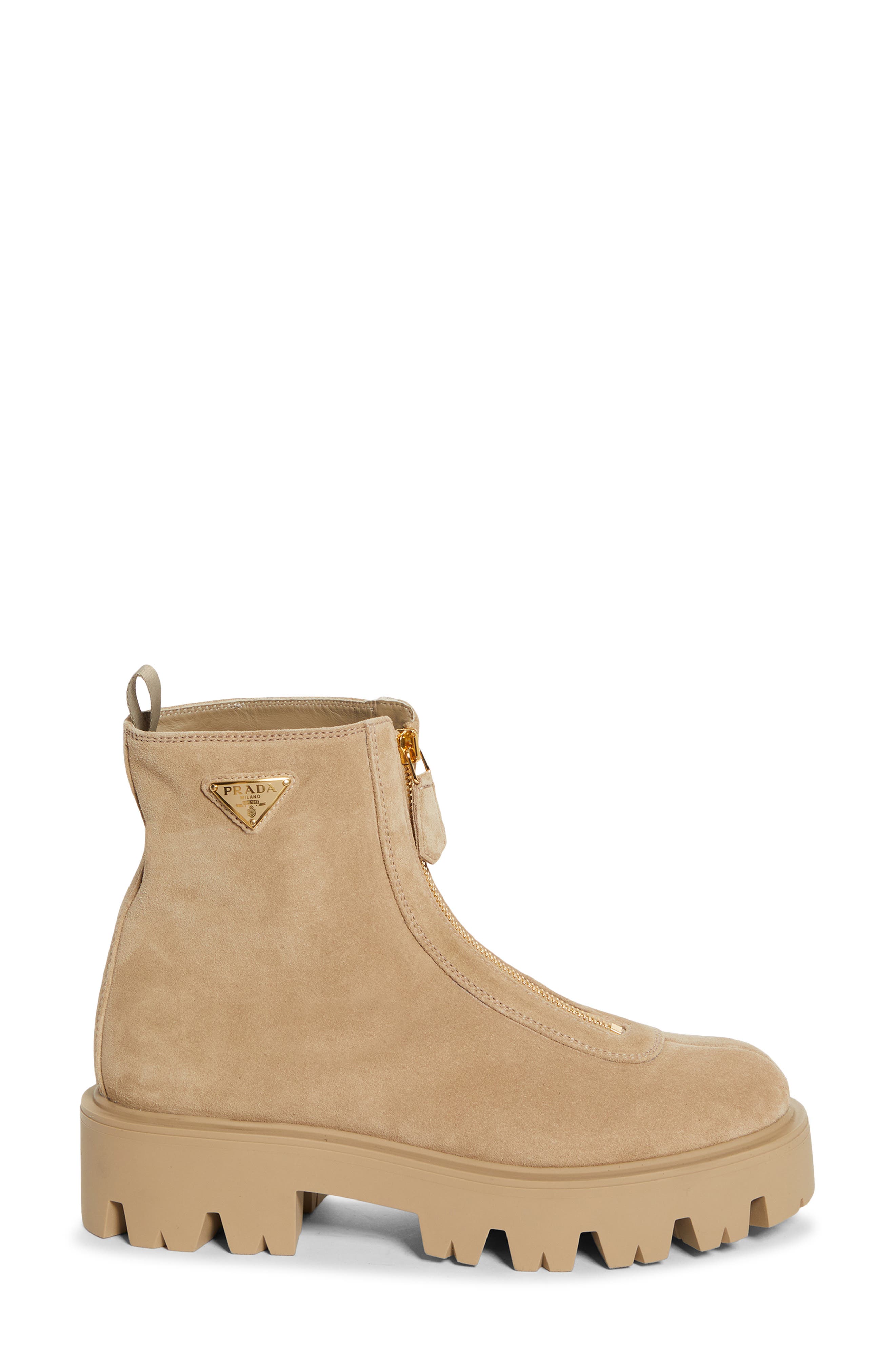 Prada Zip Front Lug Bootie, Alternate, color, Deserto