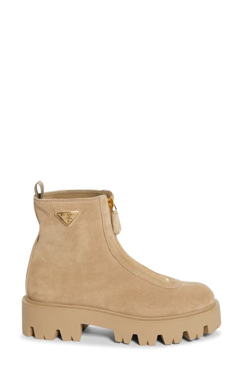 Prada Zip Front Lug Bootie In Brown