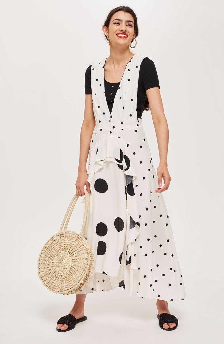 Topshop Mix Spotted Pinafore Midi Dress, Alternate, color, 