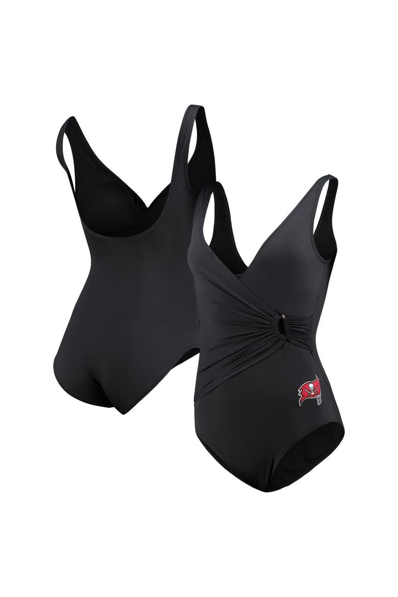 Women's Tommy Bahama Black Tampa Bay Buccaneers Pearl Clara Wrap One-Piece Swimsuit, Main, color, Black
