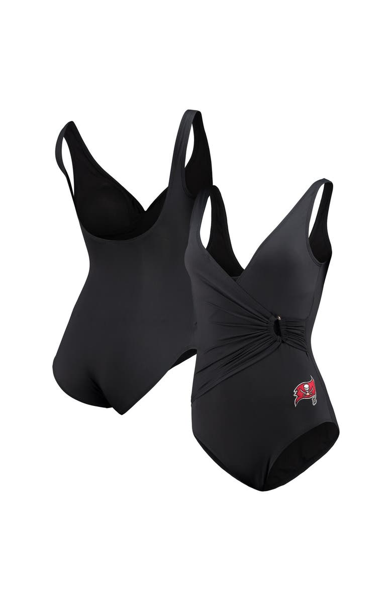 Tommy Bahama Women's Tommy Bahama Black Tampa Bay Buccaneers Pearl Clara Wrap One-Piece Swimsuit, Main, color, Black