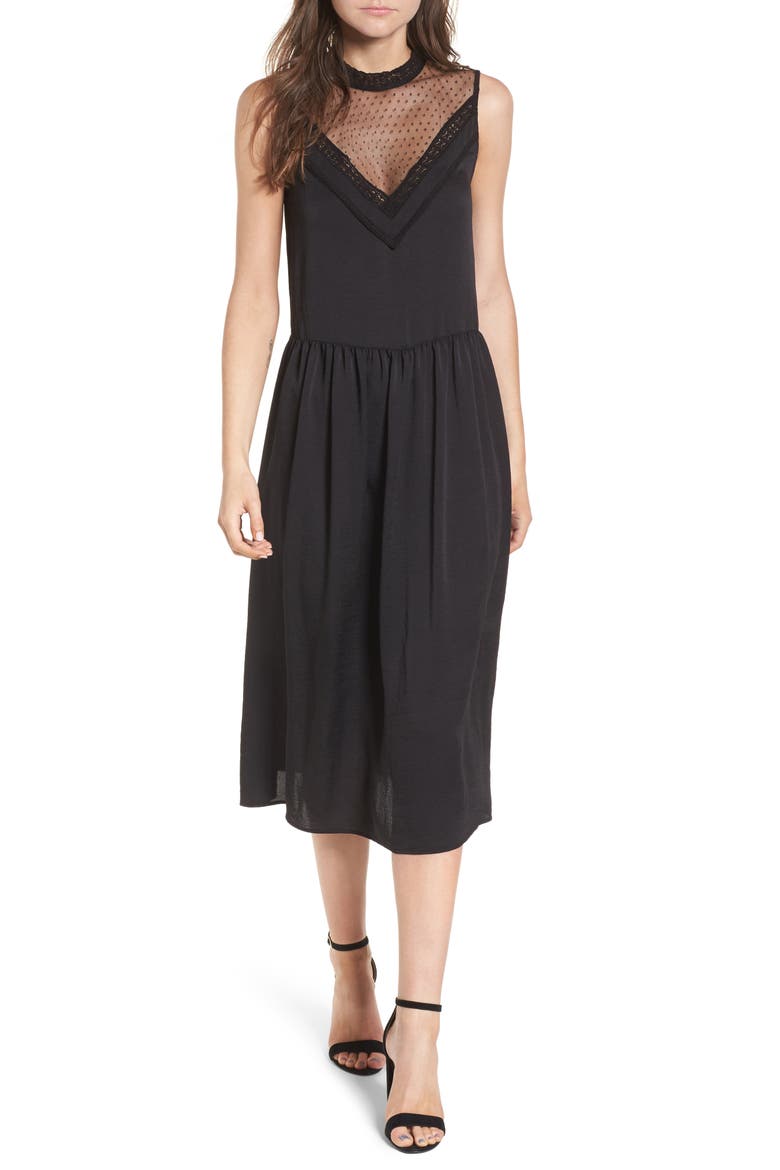 Mesh Panel Midi Dress, Main, color, BLACK