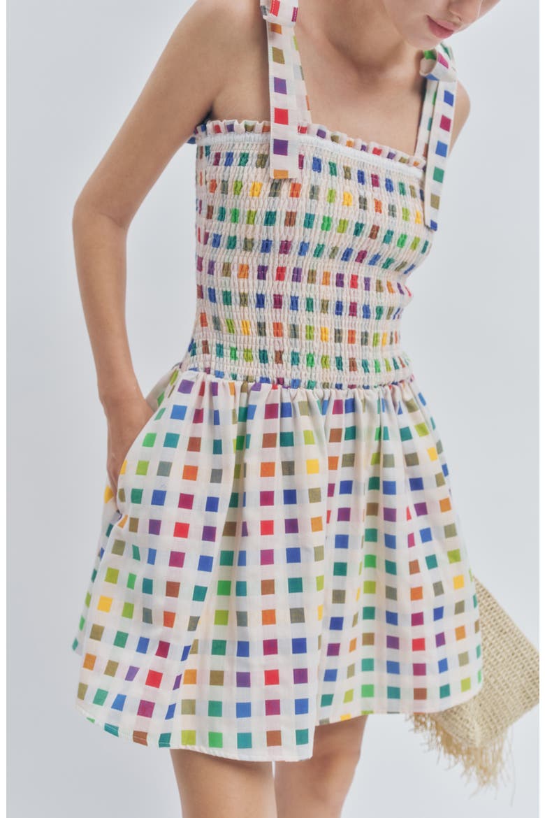 Estella Multicolor Dot Smocked Tie Shoulder Dress, Alternate, color, RAINBOW GRID