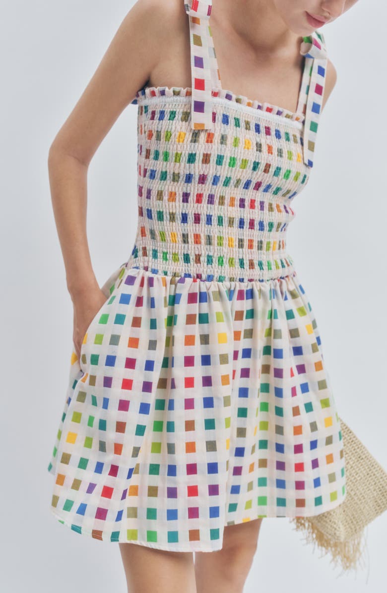 MAUDE CLUB Estella Multicolor Dot Smocked Tie Shoulder Dress, Alternate, color, Rainbow Grid