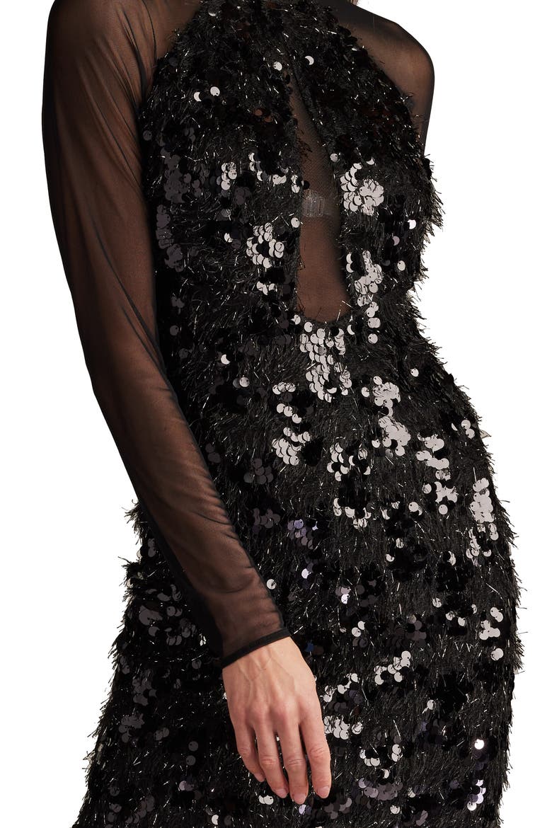 Sequin & Metallic Fringe Long Sleeve Cocktail Minidress, Alternate, color, BLACK