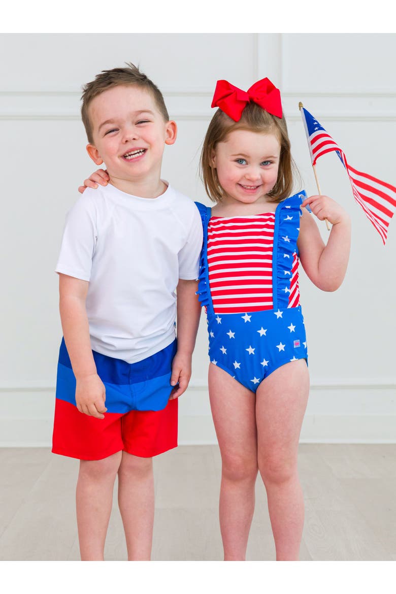 Baby Girls UPF50+ Pinafore One Piece, Alternate, color, Shimmer Stars & Stripes