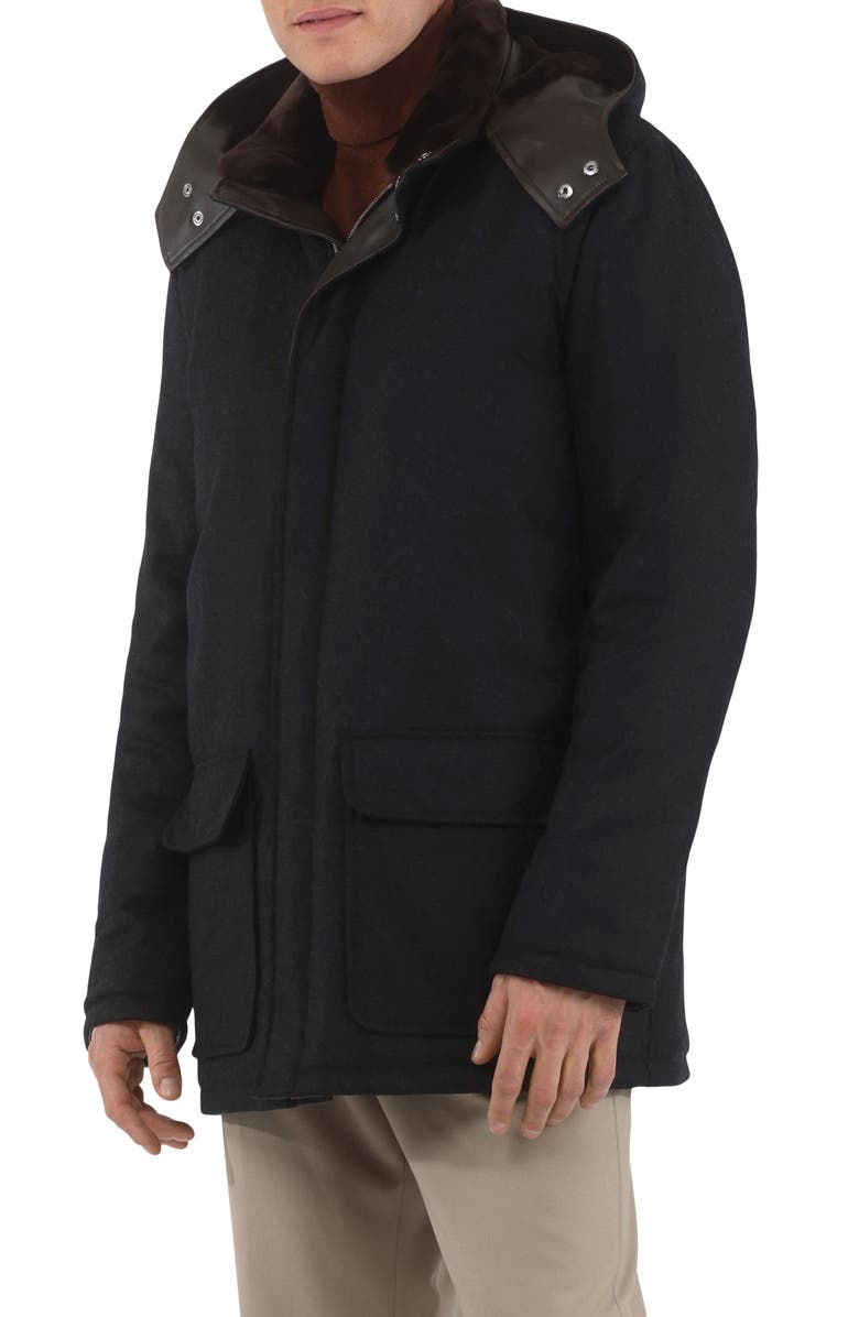 GORSKI Mens Wool And Cashmere Blend Parka with Genuine Shearling Lining, Alternate, color, Black/Brown
