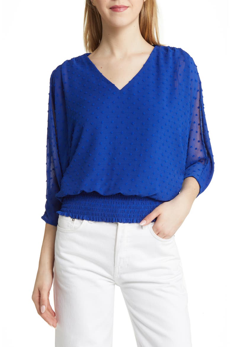 Clip Dot Smocked Blouson Top, Main, color, OPULENT BLUE