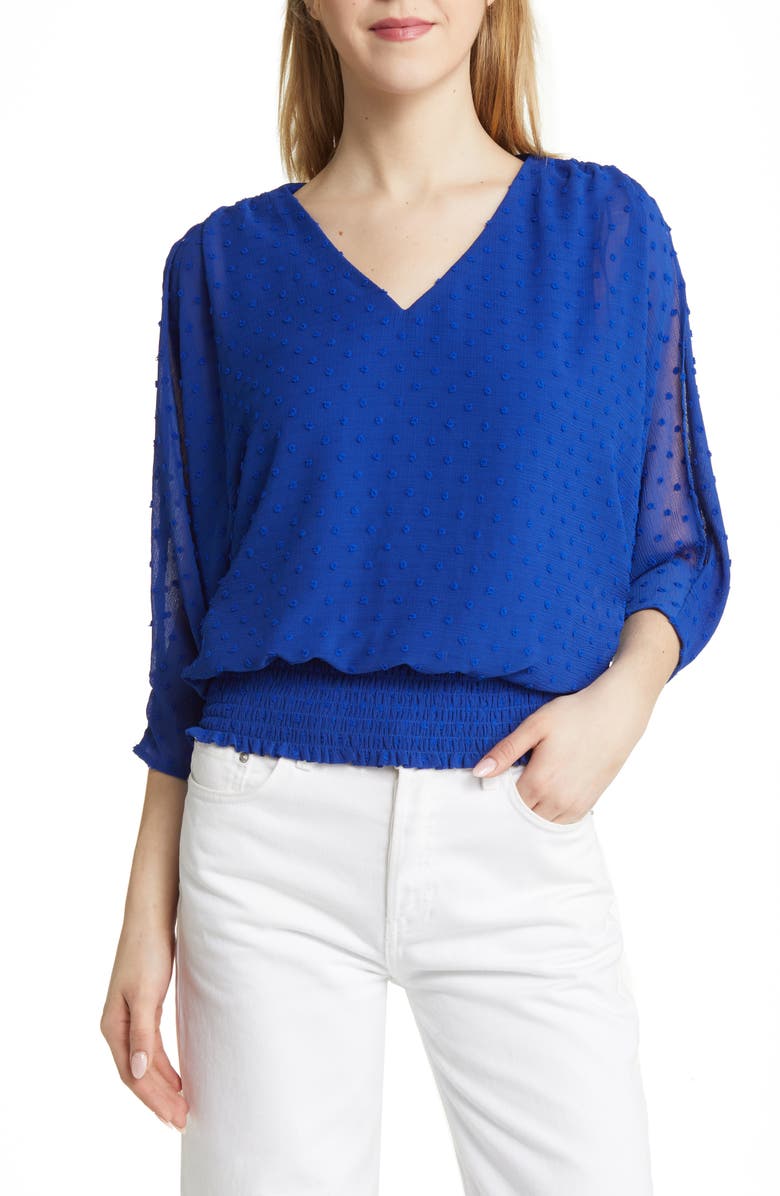 Vince Camuto Clip Dot Smocked Blouson Top, Main, color, 