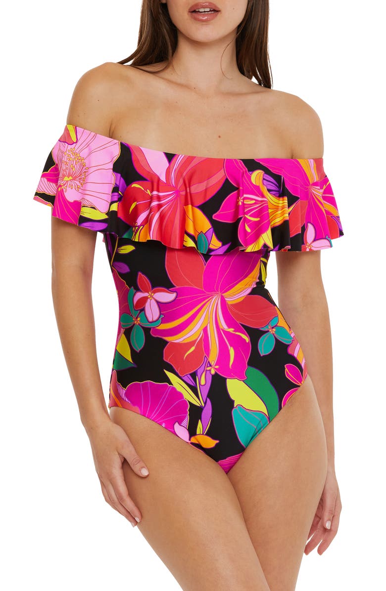 Trina Turk Solar Floral Ruffle Off the Shoulder One-Piece Swimsuit, Main, color,