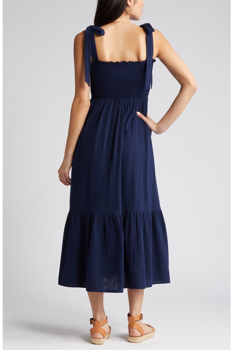 Smocked Tie Strap Cotton Gauze Midi Sundress, Alternate, color, NAVY PEACOAT