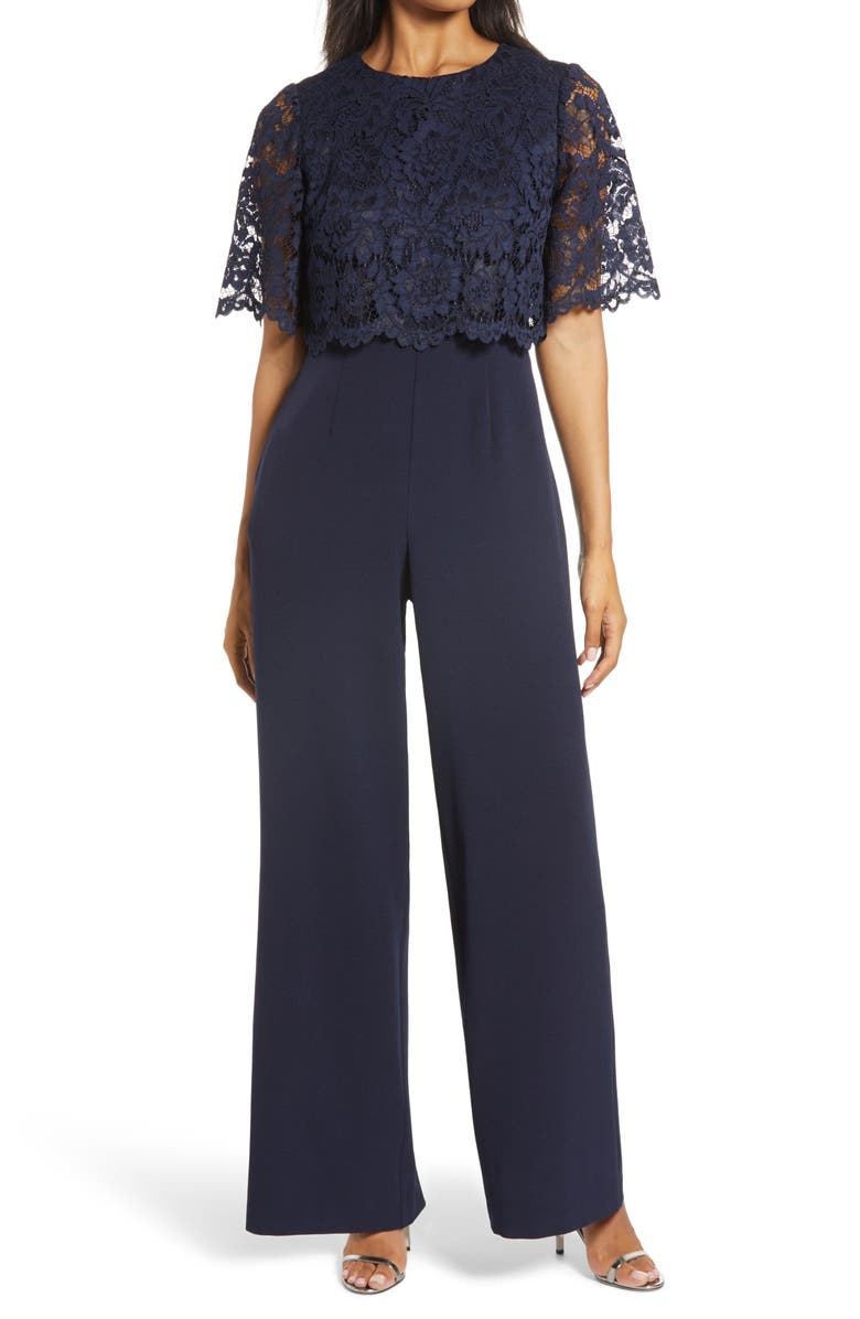 Donna Ricco Lace Overlay Wide Leg Jumpsuit, Main, color,