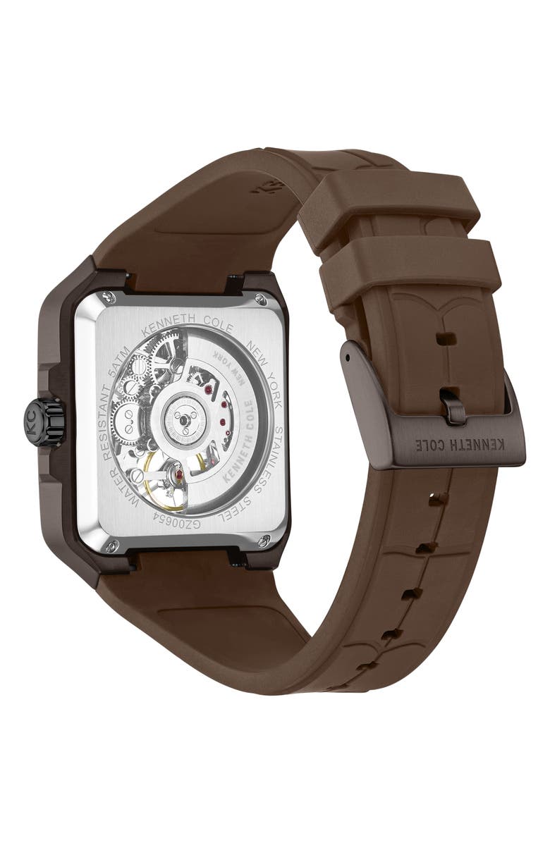 Kenneth Cole New York Automatic Silicone Strap Watch, 41.5mm, Alternate, color, Brown