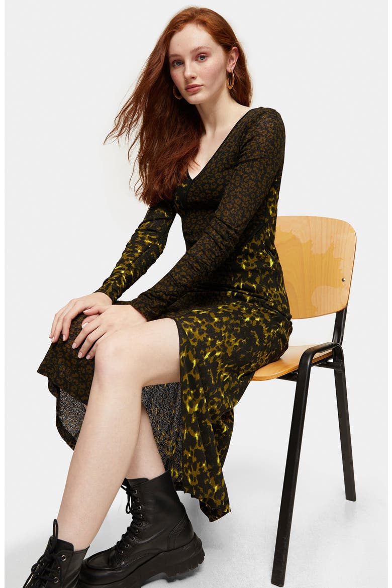Mix & Match Long Sleeve Jersey Midi Dress, Alternate, color, BLACK MULTI