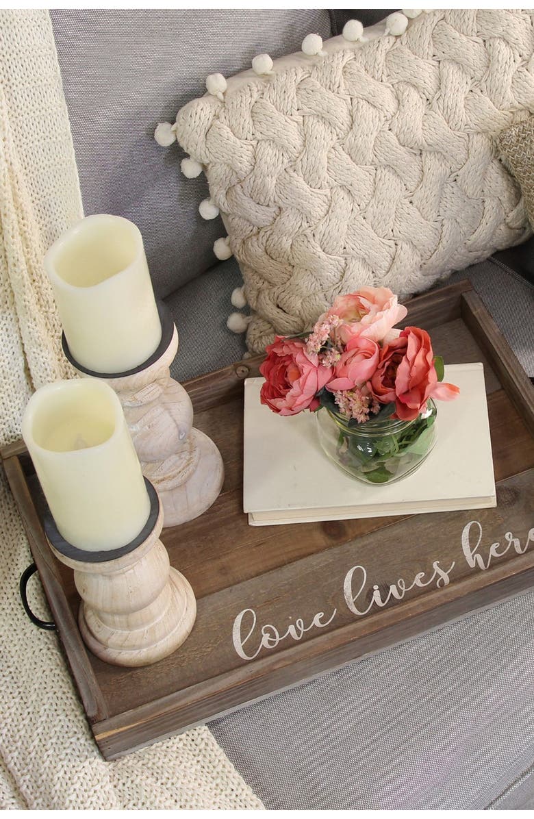 STRATTON HOME DECOR Natural Wood/White "Love Lives Here" Wood Tray, Alternate, color, 