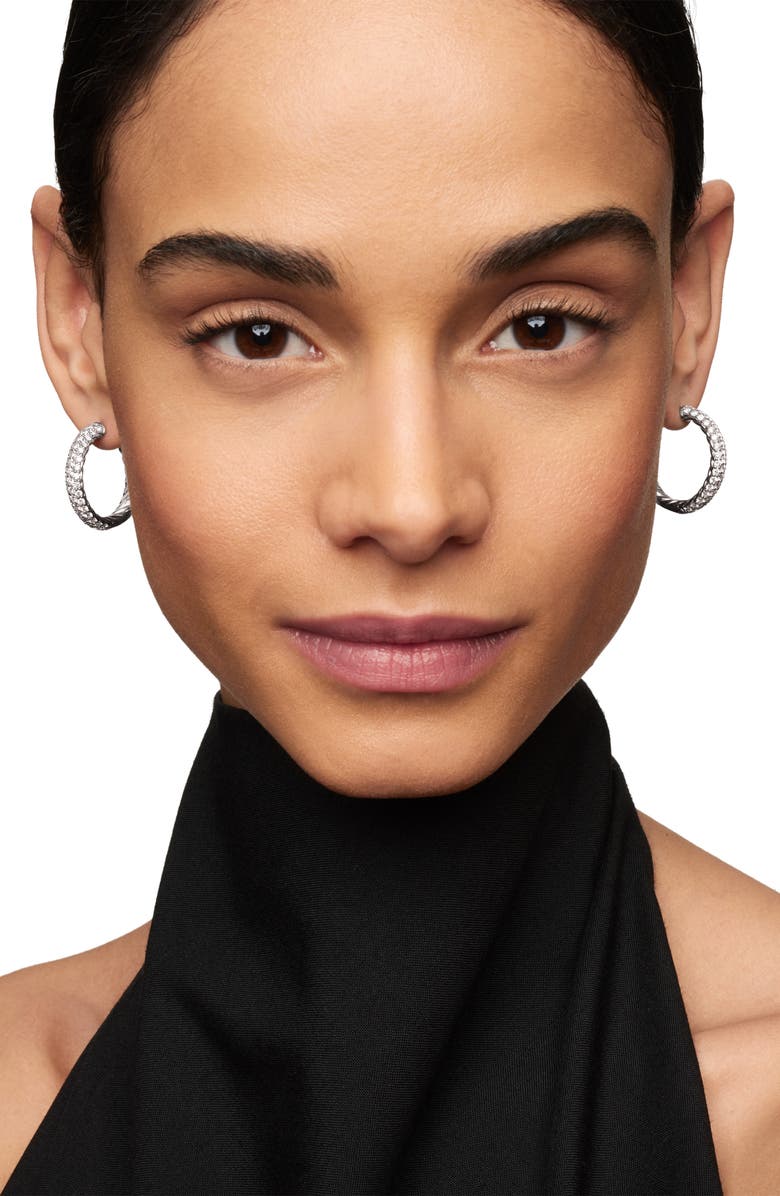 David Yurman Sculpted Cable Hoop Earrings in Sterling Silver with Pavé Diamonds, Alternate, color, Sterling Silver