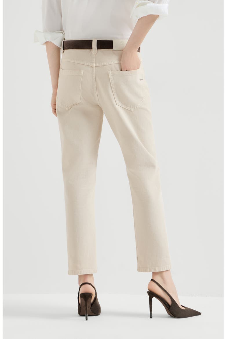 Dyed denim five-pocket straight trousers with shiny bartack, Alternate, color, Milk