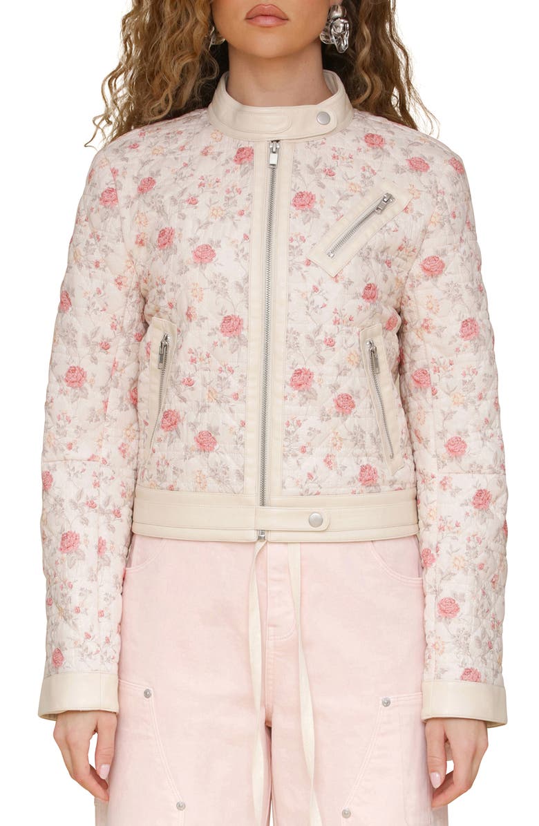 Avec Les Filles Floral Quilted Faux-Ever Leather<sup>™</sup> Trim Crop Moto Jacket, Alternate, color, Soft Pink Floral