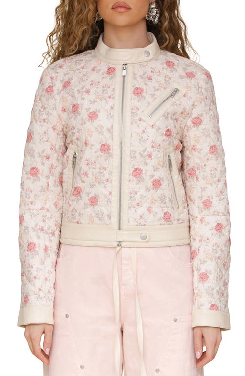 Shop Avec Les Filles Floral Quilted Faux-ever Leather™ Trim Crop Moto Jacket In Soft Pink Floral